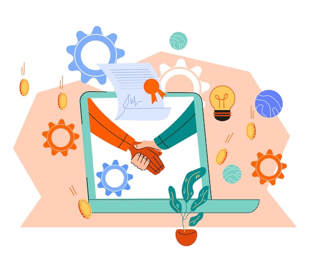 Business smart contract online agreement Online deal cartoon vector isolated