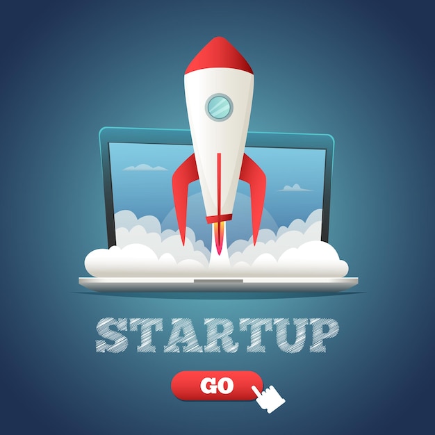 Business startup concept. Cartoon flat rocket flying out from laptop.
