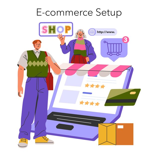 Business startup concept entrepreneurs engaging with ecommerce elements like shop sign website and