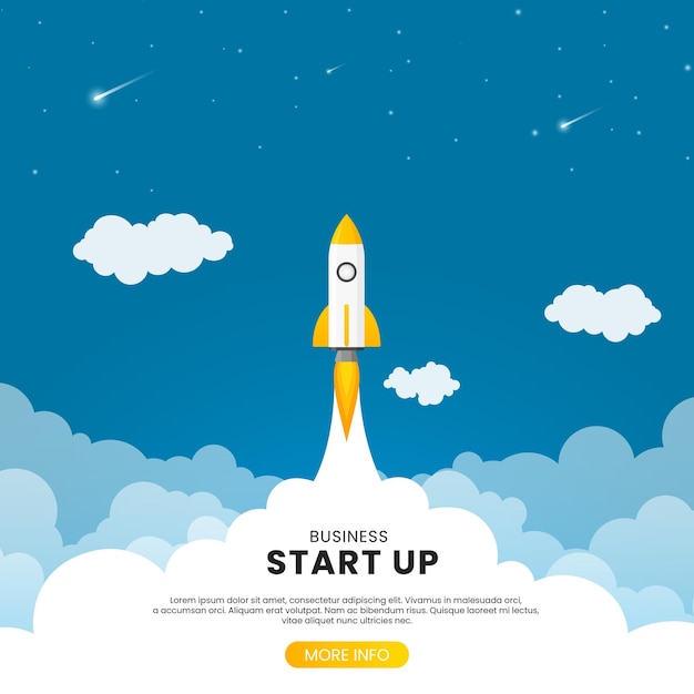 Business startup landing page with sky above clouds and space rocket