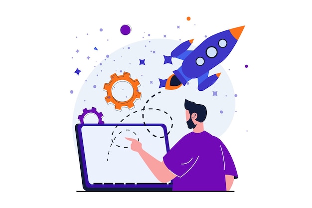 Business startup modern flat concept for web banner design Male entrepreneur launches new project