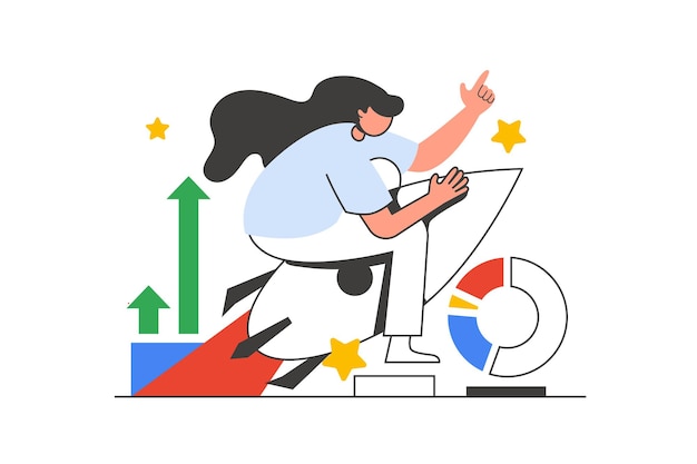 Business startup outline web concept with character scene Woman launches new company achieves goals People situation in flat line design Vector illustration for social media marketing material