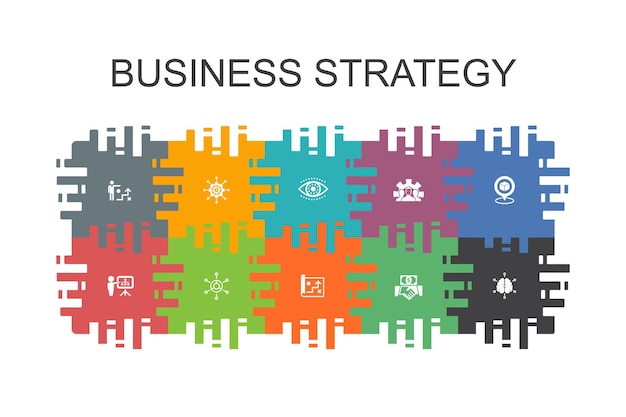 Business strategy cartoon template with flat elements. Contains such icons as planning, business model, vision, development