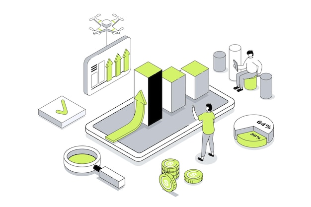 business strategy concept in 3d isometric design employees analyzing data graphs achieving goals targeting and developing company vector illustration with isometry people scene for web graphic
