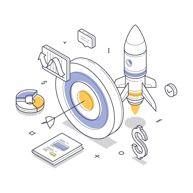Business strategy development with isometric line art illustration