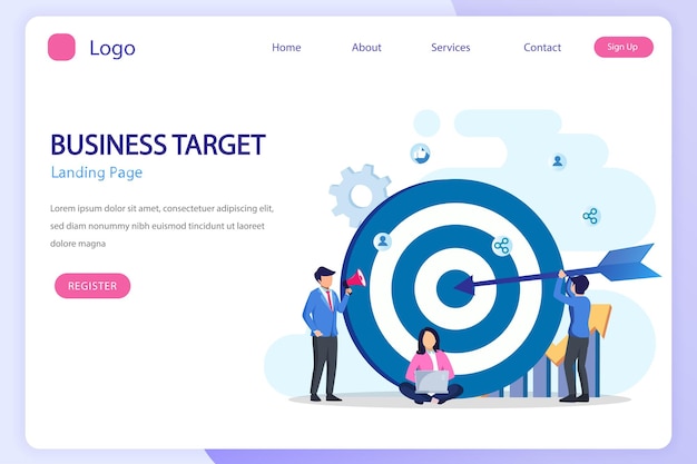 Business target concept People working together on giant mobile phone for reach the target Goal achievement Flat vector template