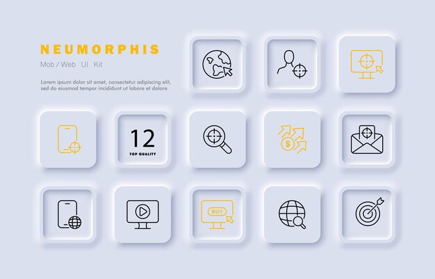 Business target set icon Internet worldwide aim arrow computer letter email magnifier goal achieve planet Work concept Neomorphism Vector line icon for Business and Advertising