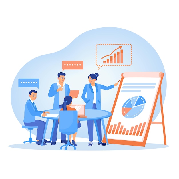 Business team discussing at the conference table Analyze data and plan business Business analysis instruments concept Flat vector illustration