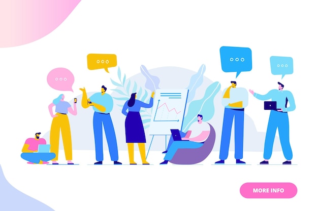 Business team planning working process flat vector illustration People talking sharing thoughts