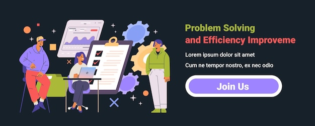 Business team problem solving efficiency improvement teamwork collaboration charts checklist gears