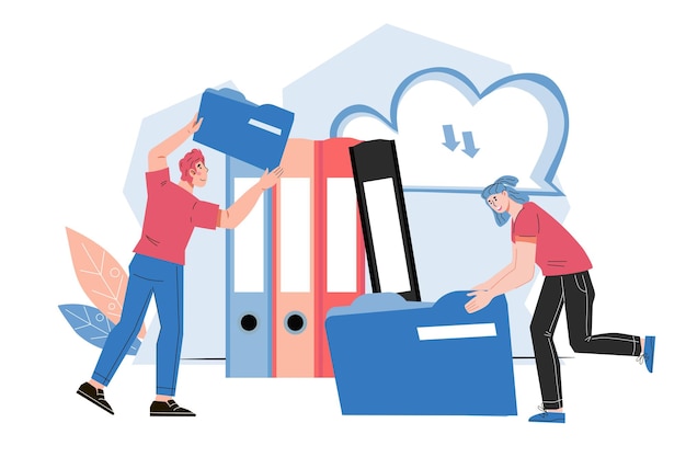 Business team tilføjer filer til stor mappe og cloud server Opbevaring og indeksering af information