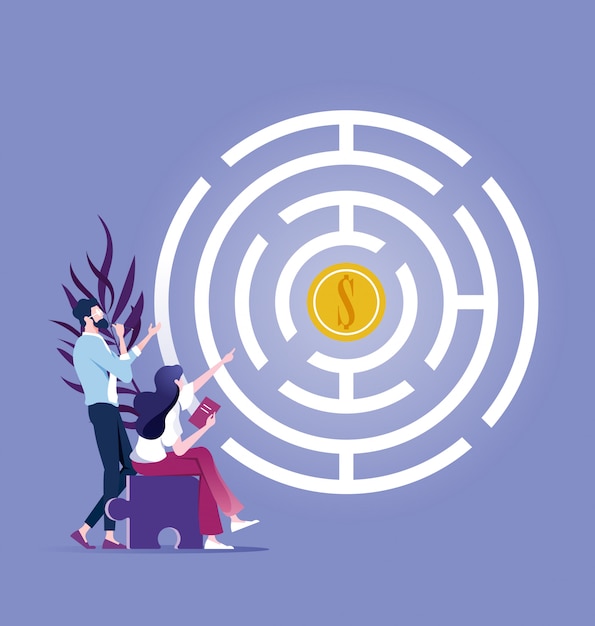 Business team try to get money in maze 