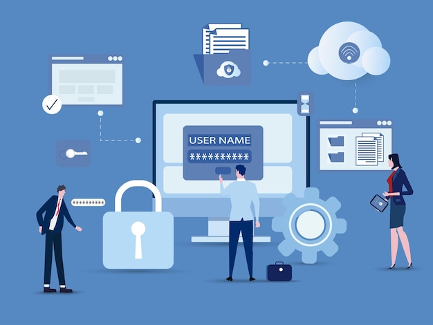 business technology document management system storage backup concept and cloud server service with administrator and developer team working conceptflat vector illustration