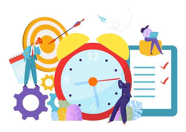 Business time management tiny character leader control team teamwork schedule flat vector