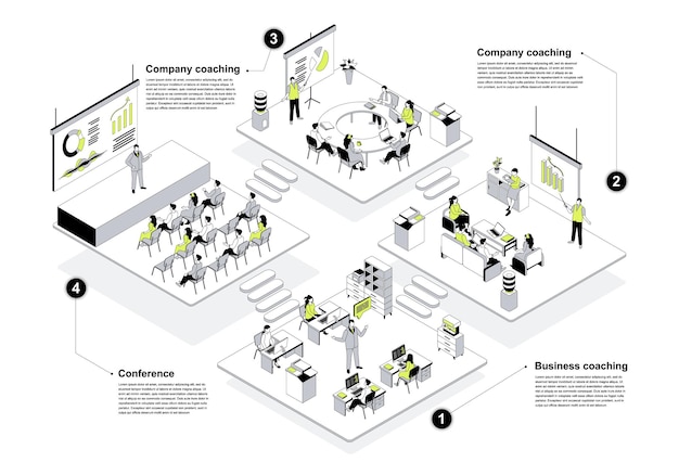 Business training 3d isometric concept in outline design for web People learning in isometry rooms at company coaching conference meeting hall teacher presentation class Vector illustration