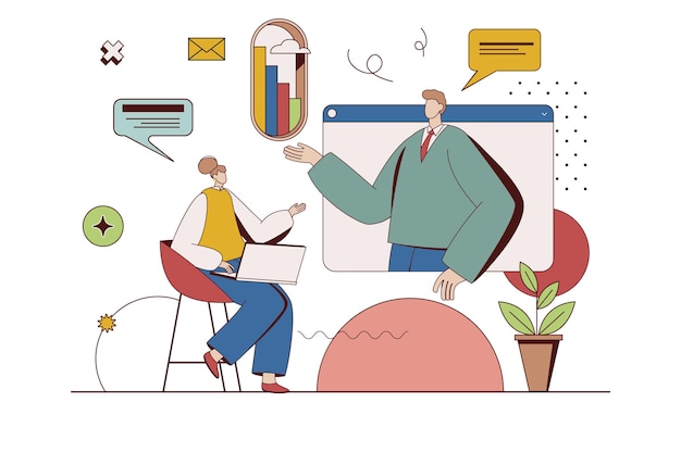 Business training concept with character situation in flat design Woman improves her professional skills and listens to coach on conference video Vector illustration with people scene for web