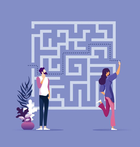 Business woman finding way through maze