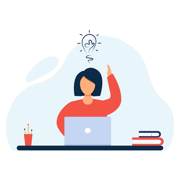 business woman sitting at the table with laptop having brilliant idea lightbulb flat character illustration