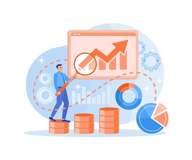 Businessman analyzes market trends Improve marketing with SEO optimization Marketing Business concept Flat vector illustration