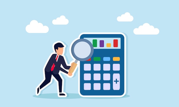 businessman analyzing calculator displaying graph with magnifying glass illustration of business risk analysis and calculation