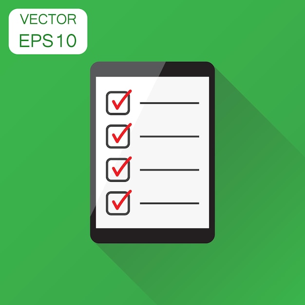 businessman checklist with tablet icon business concept checklist task list pictogram vector illustration on green background with long shadow