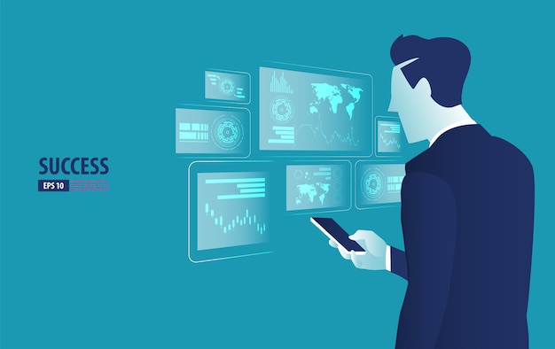 Businessman controlling futuristic hologram interface with smartphone