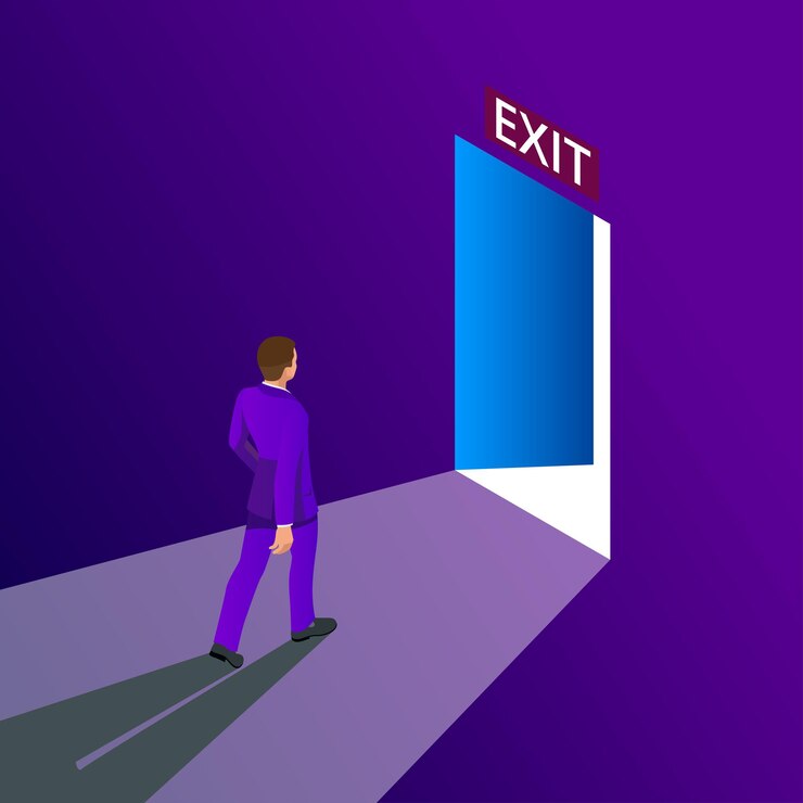 Vektör businessman going exit door sign, emergency. business solution or exit strategy concept. leaving the office building. isometric illustration.