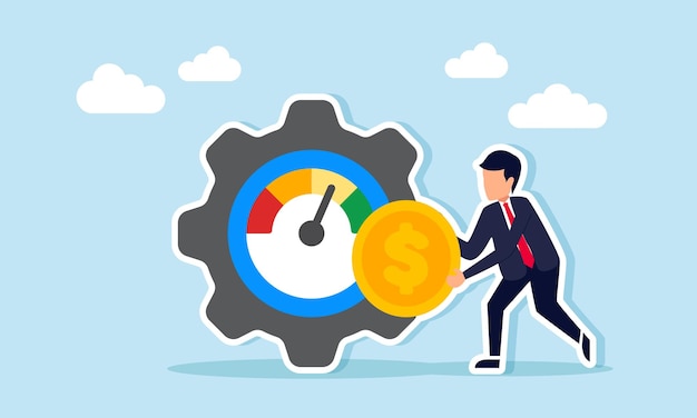 Businessman holding a dollar coin beside a gear with a speedometer illustration of business financial performance to achieve better profit and operational growth