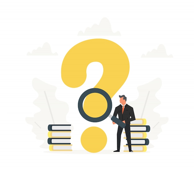 Businessman holds a magnifying glass and stand near with big question mark. illustration of a flat design. Cartoon office man is thinking.