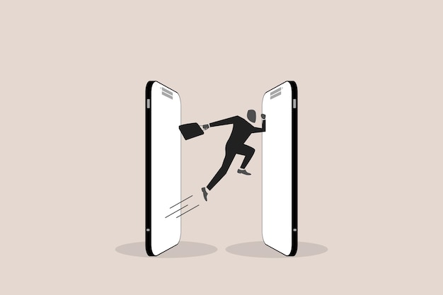 Businessman jumping between mobile devices Business telecommunication and technology