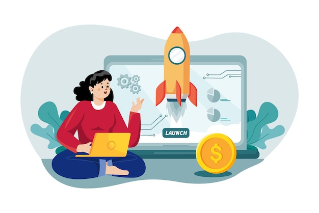 Businessman launches rocket from a laptop flat illustration