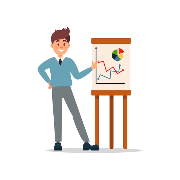 Businessman making presentation and explaining chart on a whiteboard business character working in office cartoon vector Illustration on a white background