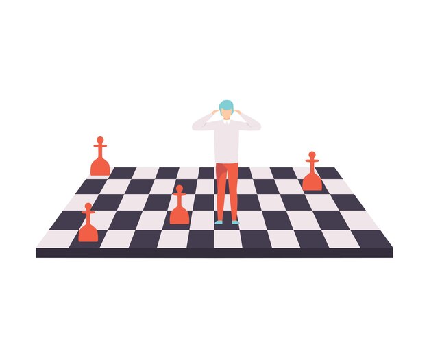 Businessman on Chessboard Control Manipulation of People Concept Vector Illustration on White Background