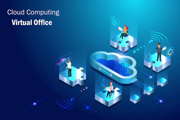 Businessman online work on cloud computing technology on jigsaw puzzle network station