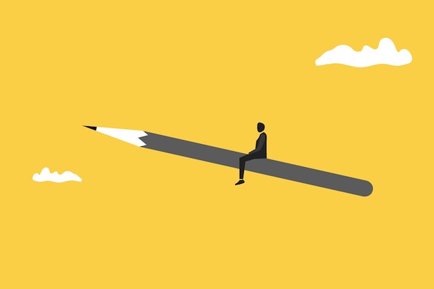businessman riding a flying pencil concept art of education imagination leadership and knowledge