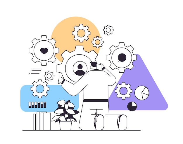 businessman rotating gear wheel technology and development working process mechanism concept horizontal linear vector illustration