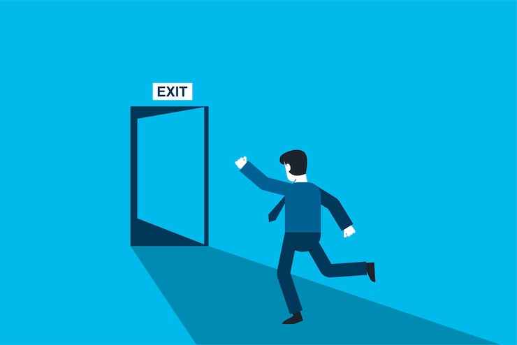 Vektör businessman run to open exit door emergency escape and evacuation from office vector business concept