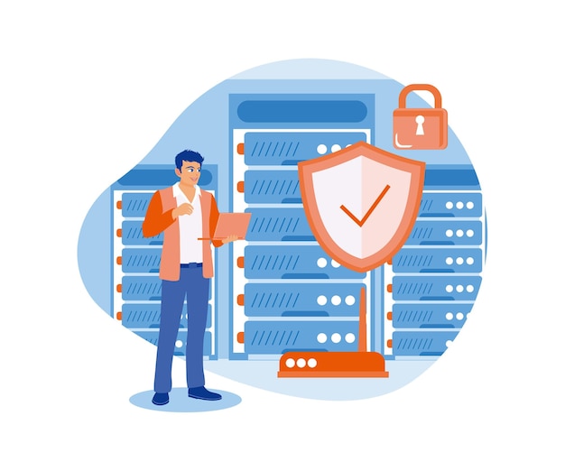 Businessman saving data on the laptop Storing documents in a data center Cyber security concept Flat vector illustration