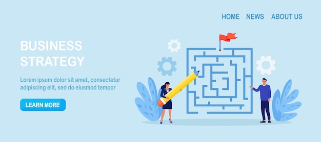 Businessman solving business problem searching for labyrinth exit plan People drawing path from question to answer Business strategy planning and skill to overcome challenges to reach success
