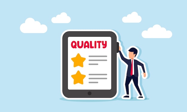 Businessman standing beside smartphone showing claim text and star rating illustration of giving digital online business quality review