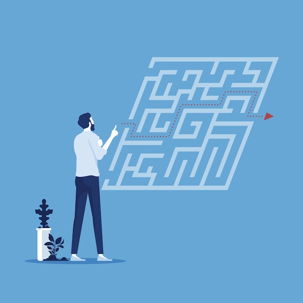 Businessman standing in front of labyrinth and trying to find way out overcoming business challenge