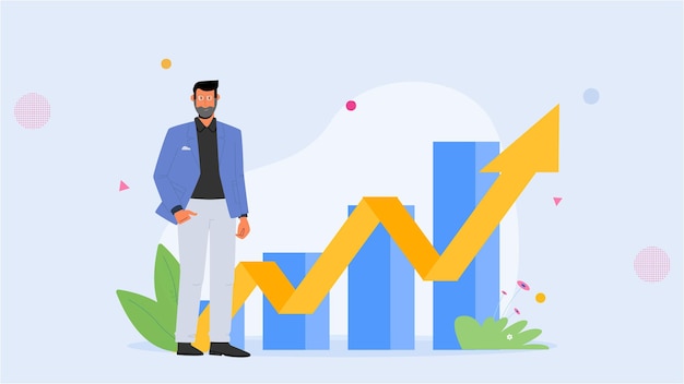Businessman standing next to a rising bar chart with an upward arrow representing business growth