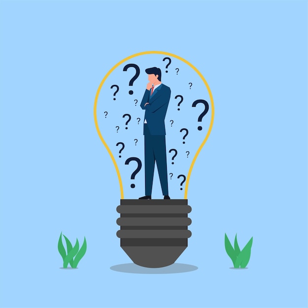 businessman stands in the bulb with question marks around metaphor of confuse to find idea.