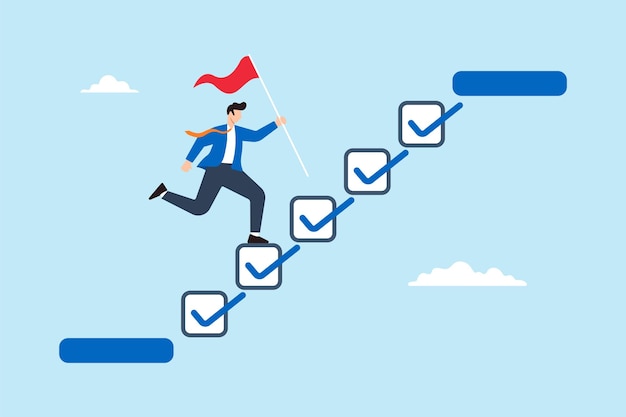 Businessman step on checklist progressing from start to success