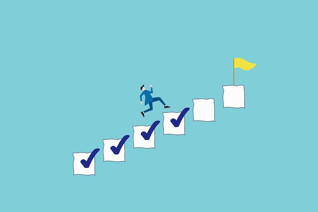 Businessman step on checklist to progress to target Progression from start to success development or improvement challenge to progress and win competition tasks completion to finish project