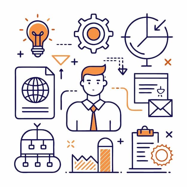 Businessman surrounded by various business icons including a lightbulb a gear a target a document an email a graph a checklist and a server