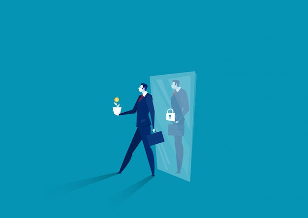 Businessman think growth mindset walk out of mirror fixed mindset concept vector