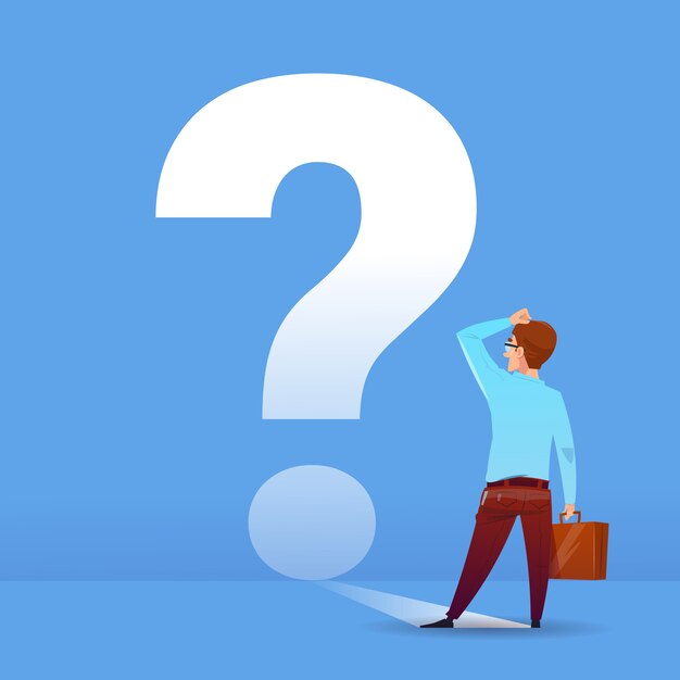 businessman thinking question mark ponder problem business financial concept on blue background flat