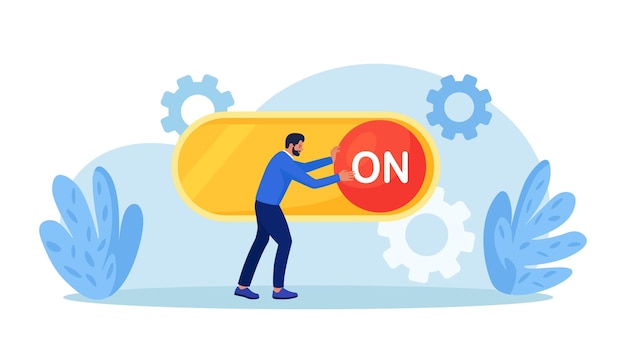 Businessman turn on switch Start or begin new business Character switching on action button to help business make progress on deal Person launching new project Man activates innovative startup