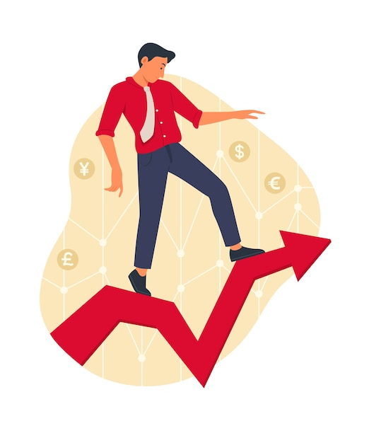 businessman walking carefully on growing graph concept illustration